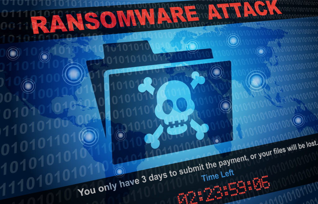 computer screen with ransomware attack malware showing